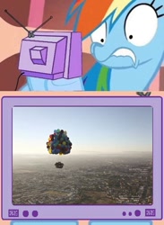 Size: 657x900 | Tagged: safe, rainbow dash, pegasus, pony, balloon, exploitable meme, house, tv meme, up