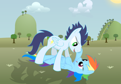 Size: 1024x717 | Tagged: safe, artist:rebron-y, rainbow dash, soarin', pegasus, pony, female, male, shipping, soarindash, straight