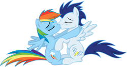 Size: 1024x539 | Tagged: safe, artist:madzik0107, rainbow dash, soarin', pegasus, pony, female, kissing, male, shipping, soarindash, straight