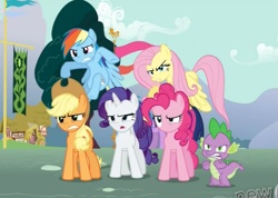 Size: 573x407 | Tagged: safe, derpibooru import, screencap, applejack, fluttershy, pinkie pie, rainbow dash, rarity, spike, dragon, earth pony, pegasus, pony, unicorn, magic duel, angry