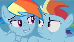 Size: 1136x640 | Tagged: safe, derpibooru import, edit, edited screencap, screencap, rainbow dash, pegasus, pony, the cutie re-mark, double rainbow, duality, filly, filly rainbow dash, implied selfcest, lip bite, parody, propaganda, self ponidox, this will end in timeline distortion, time paradox, twilest dashle