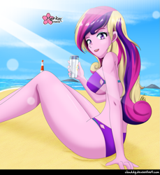 Size: 915x1000 | Tagged: safe, artist:clouddg, dean cadance, princess cadance, equestria girls, beach, beach babe, breasts, clothes, crepuscular rays, female, ocean, princess cansdance, sand, solo, suntan lotion, swimsuit