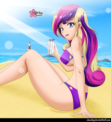 Size: 915x1000 | Tagged: safe, alternate version, artist:clouddg, dean cadance, princess cadance, human, equestria girls, beach, beach babe, beverage, breasts, can, clothes, crepuscular rays, female, human coloration, lighthouse, ocean, princess cansdance, sand, sitting, solo, swimsuit