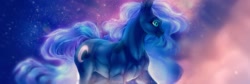 Size: 1973x661 | Tagged: safe, artist:kerydarling, princess luna, alicorn, horse, pony, female, mare, missing horn, muscles, solo, stars, wingless