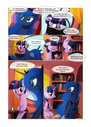 Size: 1024x1429 | Tagged: safe, artist:gashiboka, princess luna, twilight sparkle, alicorn, pony, unicorn, comic:scar of solar, book, candle, comic, female, glasses, golden oaks library, mare