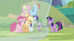 Size: 1920x1080 | Tagged: safe, derpibooru import, screencap, applejack, fluttershy, pinkie pie, rainbow dash, rarity, spike, twilight sparkle, dragon, earth pony, pegasus, pony, unicorn, magic duel, mane seven, mane six, youcap dump, youtube caption