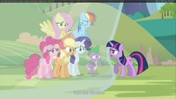 Size: 1920x1080 | Tagged: safe, derpibooru import, screencap, applejack, fluttershy, pinkie pie, rainbow dash, rarity, spike, twilight sparkle, dragon, earth pony, pegasus, pony, unicorn, magic duel, mane seven, mane six, youcap dump, youtube caption