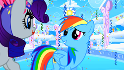 Size: 500x281 | Tagged: safe, screencap, rainbow dash, rarity, pegasus, pony, unicorn, sonic rainboom (episode), female, horn, mare