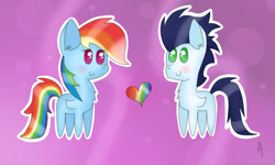 Size: 1024x614 | Tagged: safe, artist:prancuss, derpibooru import, rainbow dash, soarin', pegasus, pony, chibi, female, heart, male, shipping, soarindash, straight