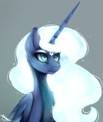 Size: 846x997 | Tagged: safe, artist:nutellaakanutella, princess luna, alicorn, pony, ethereal mane, female, glowing mane, gray background, mare, simple background, solo, white mane