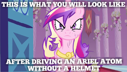 Size: 1439x809 | Tagged: safe, edit, edited screencap, screencap, princess cadance, alicorn, pony, a canterlot wedding, ariel atom, meme, messy, messy mane, top gear