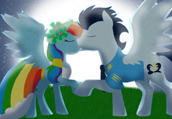 Size: 700x487 | Tagged: safe, artist:colourstrike, derpibooru import, rainbow dash, soarin', pegasus, pony, a canterlot wedding, clothes, dress, female, kissing, male, night, shipping, soarindash, straight, wonderbolts dress uniform