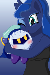 Size: 3495x5243 | Tagged: safe, artist:sergeant16bit, princess luna, alicorn, anthro, blushing, boob smothering, breasts, clothes, crossover, cuddling, dress, gradient background, kirby, meta knight, meta lunight, smothering