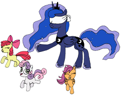 Size: 2611x2047 | Tagged: safe, artist:sparklesk, apple bloom, princess luna, scootaloo, sweetie belle, alicorn, pony, cutie mark crusaders, simple background, transparent background