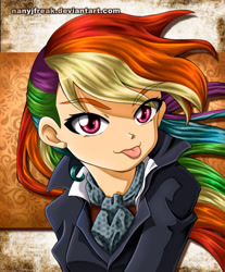 Size: 900x1085 | Tagged: safe, artist:nancysauria, derpibooru import, rainbow dash, human, ascot, humanized, solo, tongue out