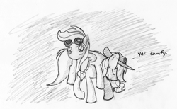 Size: 1942x1200 | Tagged: safe, artist:feather, derpibooru import, applejack, rainbow dash, earth pony, pegasus, pony, appledash, carrying, monochrome, pencil drawing, shipping, sketch, traditional art