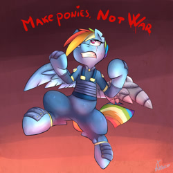 Size: 800x800 | Tagged: safe, artist:atane27, derpibooru import, rainbow dash, pegasus, pony, the cutie re-mark, alternate timeline, amputee, apocalypse dash, augmented, clothes, crystal war timeline, prosthetic limb, prosthetic wing, prosthetics, scar, solo, spread wings