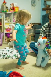 Size: 853x1280 | Tagged: safe, rainbow dash, human, barefoot, build-a-bear, child, feet, irl, irl human, photo, plushie, target demographic