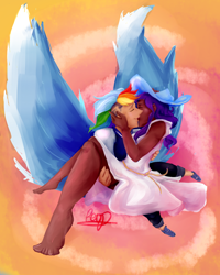 Size: 1200x1500 | Tagged: safe, artist:purplerdeath, derpibooru import, rainbow dash, rarity, human, carrying, dark skin, female, flying, humanized, kissing, lesbian, raridash, shipping