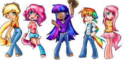 Size: 1024x502 | Tagged: dead source, safe, artist:exunary, derpibooru import, applejack, fluttershy, pinkie pie, rainbow dash, twilight sparkle, book, clothes, humanized, simple background, skirt, tailed humanization, white background