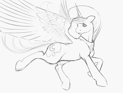 Size: 4000x3000 | Tagged: safe, artist:boomythemc, princess luna, alicorn, pony, cutie mark, female, grayscale, jewelry, large wings, looking back, mare, monochrome, regalia, simple background, sketch, solo, spread wings, white background, wings, wip