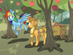 Size: 2000x1500 | Tagged: safe, artist:xenon, derpibooru import, applejack, rainbow dash, earth pony, pegasus, pony, apple, cart, duo, female, flying, food, mare, orchard