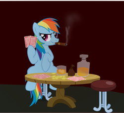 Size: 1987x1824 | Tagged: safe, artist:selecteddash, derpibooru import, rainbow dash, pegasus, pony, alcohol, bag, bits, bottle, card, chair, cigar, food, glass, ice cube, poker, sitting, smoking, solo, table, whiskey