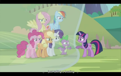 Size: 1024x640 | Tagged: safe, derpibooru import, screencap, applejack, fluttershy, pinkie pie, rainbow dash, rarity, spike, twilight sparkle, dragon, earth pony, pegasus, pony, unicorn, magic duel, mane seven, youtube caption