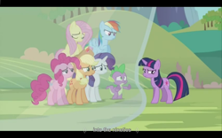 Size: 1024x640 | Tagged: safe, derpibooru import, screencap, applejack, fluttershy, pinkie pie, rainbow dash, rarity, spike, twilight sparkle, dragon, earth pony, pegasus, pony, unicorn, magic duel, mane seven, youtube caption