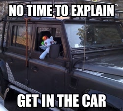 Size: 640x580 | Tagged: safe, rainbow dash, pegasus, pony, automobile, build-a-bear, car, image macro, irl, meme, no time to explain, photo, plushie, solo