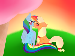 Size: 1024x768 | Tagged: safe, artist:vvalent, derpibooru import, applejack, rainbow dash, earth pony, pegasus, pony, appledash, blushing, female, kissing, lesbian, shipping, sunset