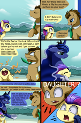 Size: 2280x3427 | Tagged: safe, artist:pridark, doctor whooves, princess luna, oc, oc:ebony crescent, bat pony, pony, comic:new world, bat pony oc, comic, dialogue, eyes closed, female, filly, necktie, raised hoof, smiling, speech bubble