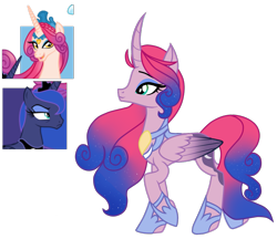 Size: 1431x1239 | Tagged: safe, artist:xxmissteaxx, princess amore, princess luna, oc, alicorn, pony, curved horn, female, magical lesbian spawn, mare, offspring, parent:princess amore, parent:princess luna, simple background, transparent background