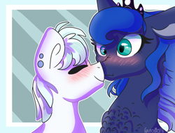 Size: 1024x783 | Tagged: safe, artist:leviostars, double diamond, princess luna, alicorn, pony, abstract background, blushing, chest fluff, crack shipping, doubluna, ear piercing, earring, eyes closed, female, jewelry, male, missing accessory, nuzzling, piercing, shipping, smiling, straight, tiara