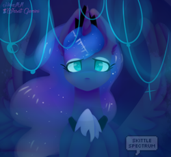 Size: 1112x1024 | Tagged: safe, artist:makaylatherainbow, artist:skittlespectrum6, artist:wasatgemini, color edit, edit, princess luna, alicorn, pony, collaboration, colored, female, hooves to the chest, jewelry, looking at you, mare, regalia, solo, spread wings, watermark, wings