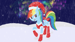 Size: 5312x2988 | Tagged: safe, artist:my little alcoholics, derpibooru import, rainbow dash, pegasus, pony, christmas, clothes, snow, snowfall, socks, solo