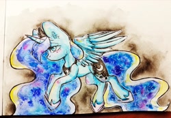 Size: 2560x1767 | Tagged: safe, artist:zefirka, princess luna, alicorn, pony, colored pupils, female, mare, running, sad, solo, spread wings, traditional art, wings