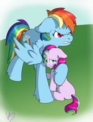 Size: 2000x2600 | Tagged: safe, artist:chipperpony, derpibooru import, rainbow dash, oc, oc:harmony (chipperpony), pegasus, pony, comforting, defending, female, magical lesbian spawn, momma dash, mother and child, mother and daughter, multiple parents, offspring, parent and child, parent:applejack, parent:fluttershy, parent:pinkie pie, parent:rainbow dash, parent:rarity, parent:twilight sparkle, parents:omniship