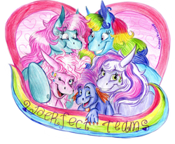 Size: 1931x1594 | Tagged: safe, artist:animagicworld, derpibooru import, master kenbroath gilspotten heathspike, minty, pinkie pie, rainbow dash, rainbow dash (g3), spike, wysteria, dragon, earth pony, pony, g3, tongue out, traditional art