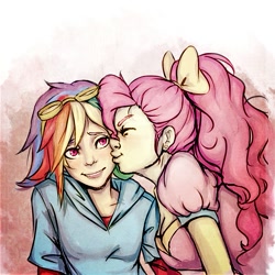 Size: 651x651 | Tagged: safe, artist:mellifluousadventure, derpibooru import, pinkie pie, rainbow dash, female, humanized, kissing, lesbian, pinkiedash, shipping