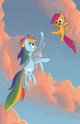 Size: 485x750 | Tagged: safe, artist:naroclie, rainbow dash, scootaloo, pegasus, pony, cloud, cloudy, flying, scootaloo can fly