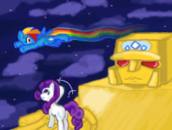 Size: 450x340 | Tagged: safe, artist:reyjjj, rainbow dash, rarity, pegasus, pony, unicorn, crossover, gold lightan