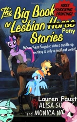 Size: 400x631 | Tagged: safe, derpibooru import, edit, applejack, cheerilee, lyra heartstrings, rainbow dash, twilight sparkle, earth pony, pegasus, pony, applestare, awesome face, comic sans, ew gay, lesbian horse stories, the big book of lesbian horse stories, wingboner