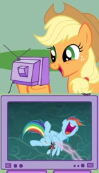 Size: 565x989 | Tagged: safe, derpibooru import, applejack, rainbow dash, earth pony, pegasus, pony, magic duel, exploitable meme, meme, tickling, tv meme