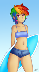 Size: 1041x1920 | Tagged: safe, artist:leslers, artist:miketheuser, rainbow dash, human, belly button, breasts, colored, cute, dashabetes, delicious flat chest, female, humanized, rainbow flat, solo, surfboard