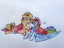 Size: 1280x960 | Tagged: safe, artist:kida, derpibooru import, applejack, rainbow dash, earth pony, pegasus, pony, appledash, blanket, cute, female, graph paper, lesbian, shipping, traditional art