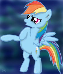 Size: 1600x1872 | Tagged: safe, artist:anonbronie, rainbow dash, pegasus, pony, abstract background, bipedal, female, mare, signature, solo