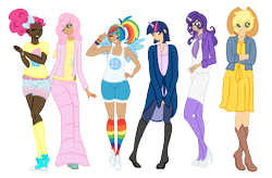 Size: 1132x742 | Tagged: safe, artist:robynne, derpibooru import, applejack, fluttershy, pinkie pie, rainbow dash, rarity, twilight sparkle, horned humanization, humanized, winged humanization