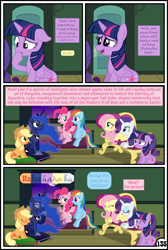 Size: 3254x4837 | Tagged: safe, artist:gutovi, applejack, fluttershy, pinkie pie, princess luna, rainbow dash, rarity, twilight sparkle, twilight sparkle (alicorn), alicorn, earth pony, pegasus, pony, unicorn, comic:why me!?, bed, broken window, comic, cushion, mane six, mare in the moon, moon, sofa