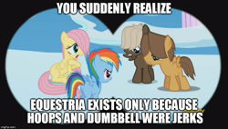 Size: 881x500 | Tagged: safe, derpibooru import, screencap, dumbbell, fluttershy, hoops, rainbow dash, pegasus, pony, the cutie re-mark, filly fluttershy, filly rainbow dash, image macro, meme